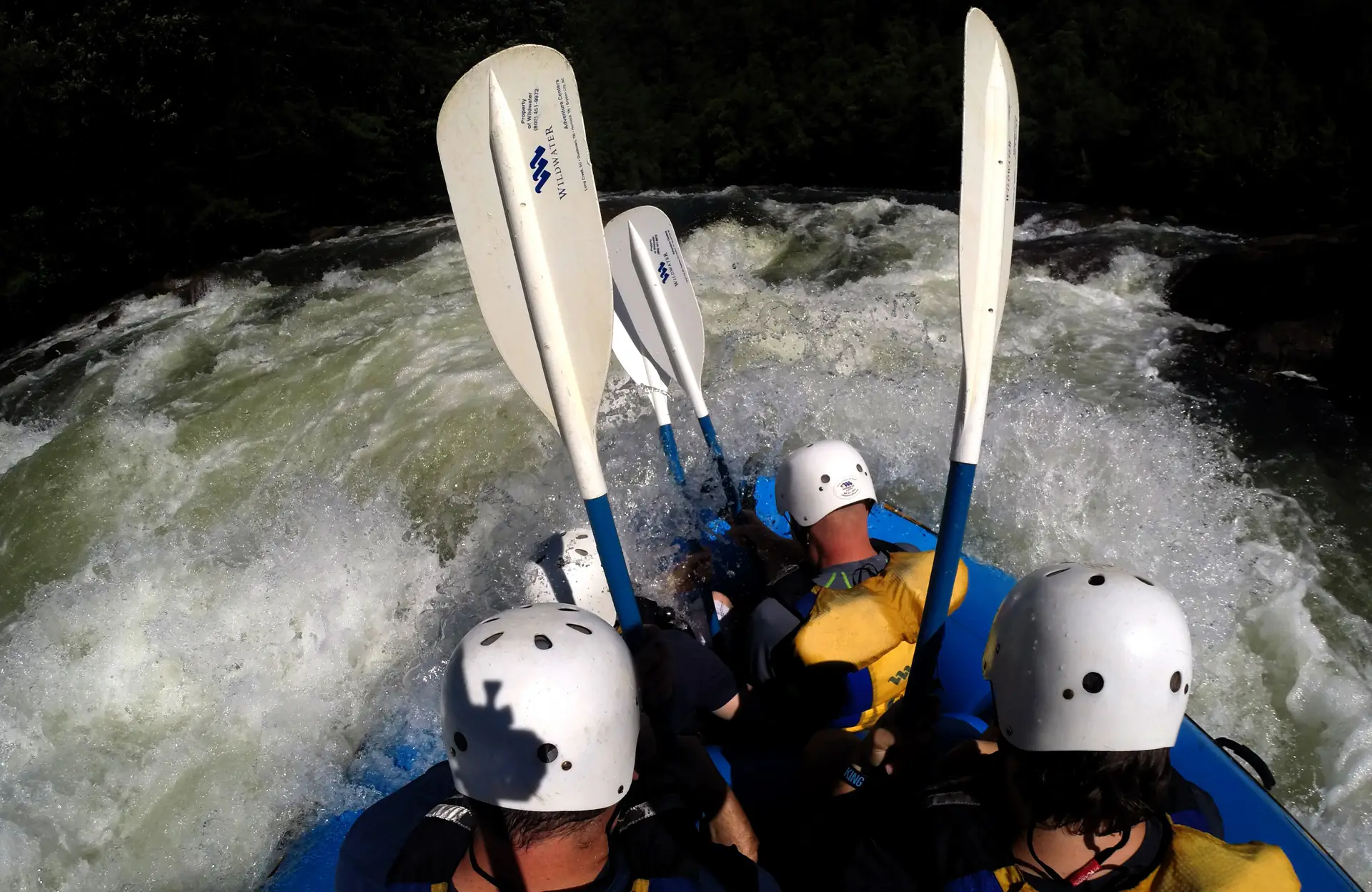 Rafters with raised paddles heading into a whitewater rapid on the Ocoee River