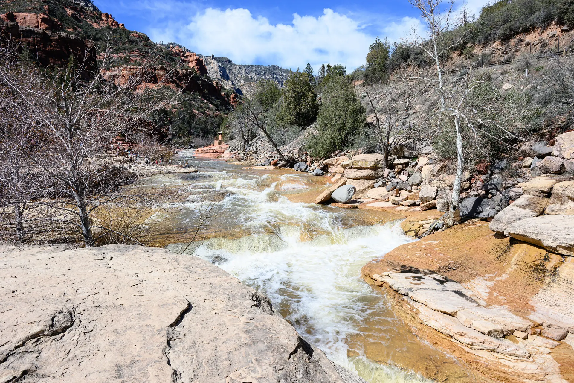 Der Oak Creek rauscht über die glatten Sandsteinstufen des Slide Rock State Park
