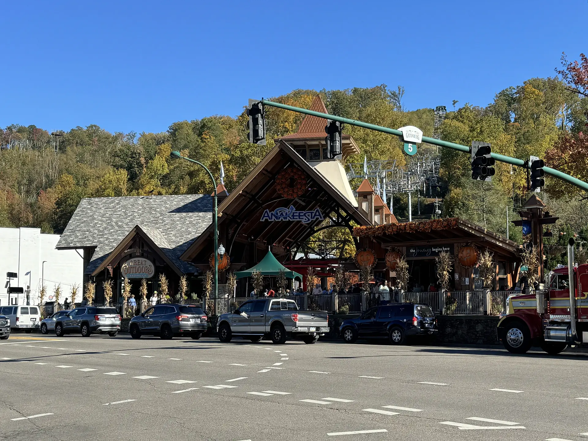The timber-framed entrance of Anakeesta on the Parkway in downtown Gatlinburg