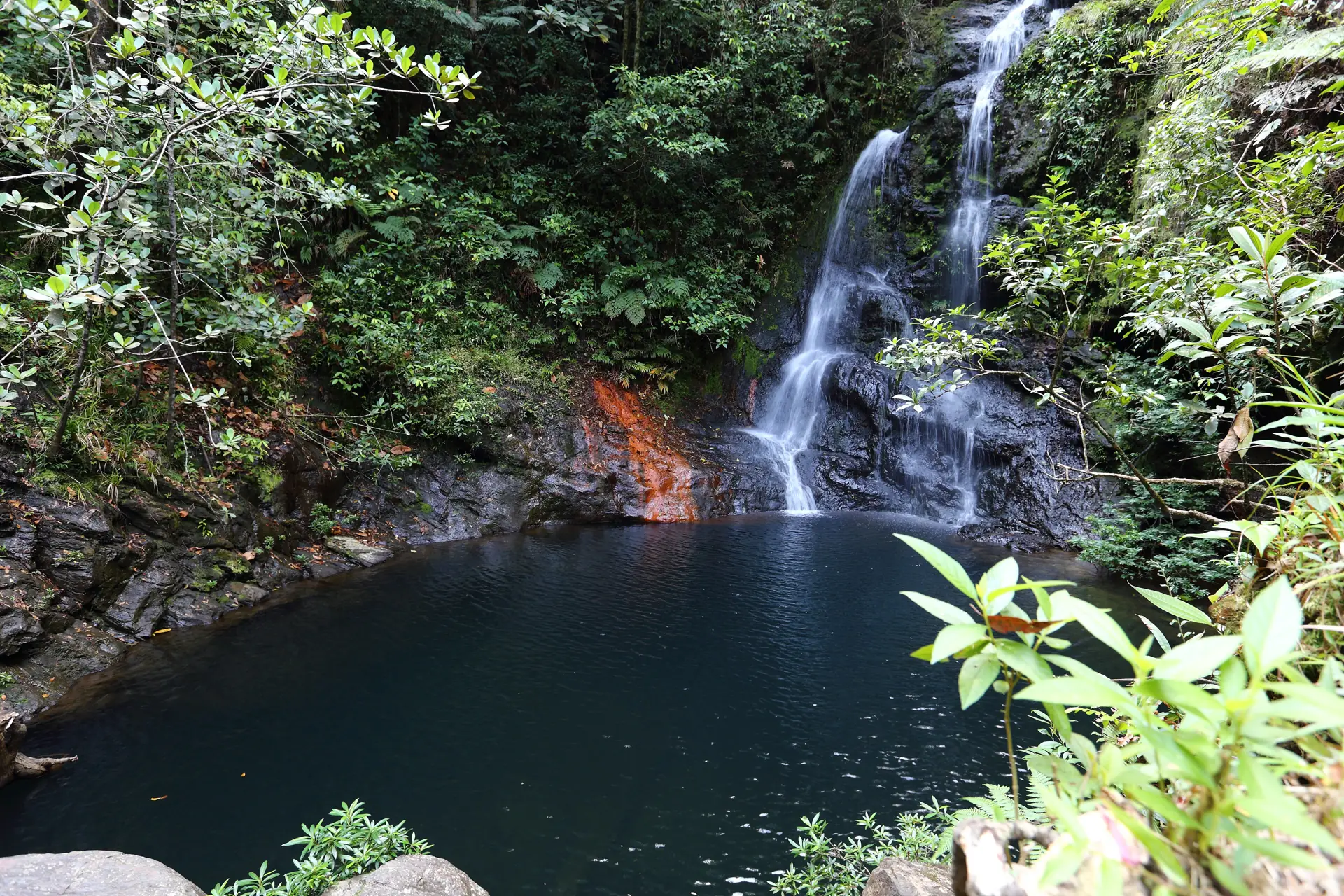 A jungle waterfall dropping into a dark pool in the Cockscomb Basin, southern Belize