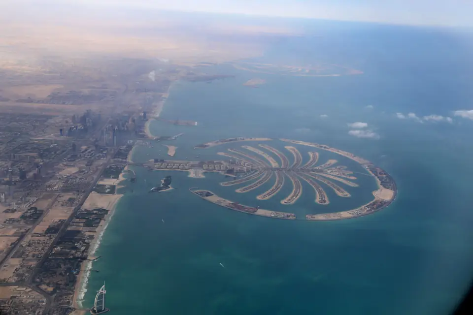 Palm Jumeirah and the Dubai coastline photographed from the air