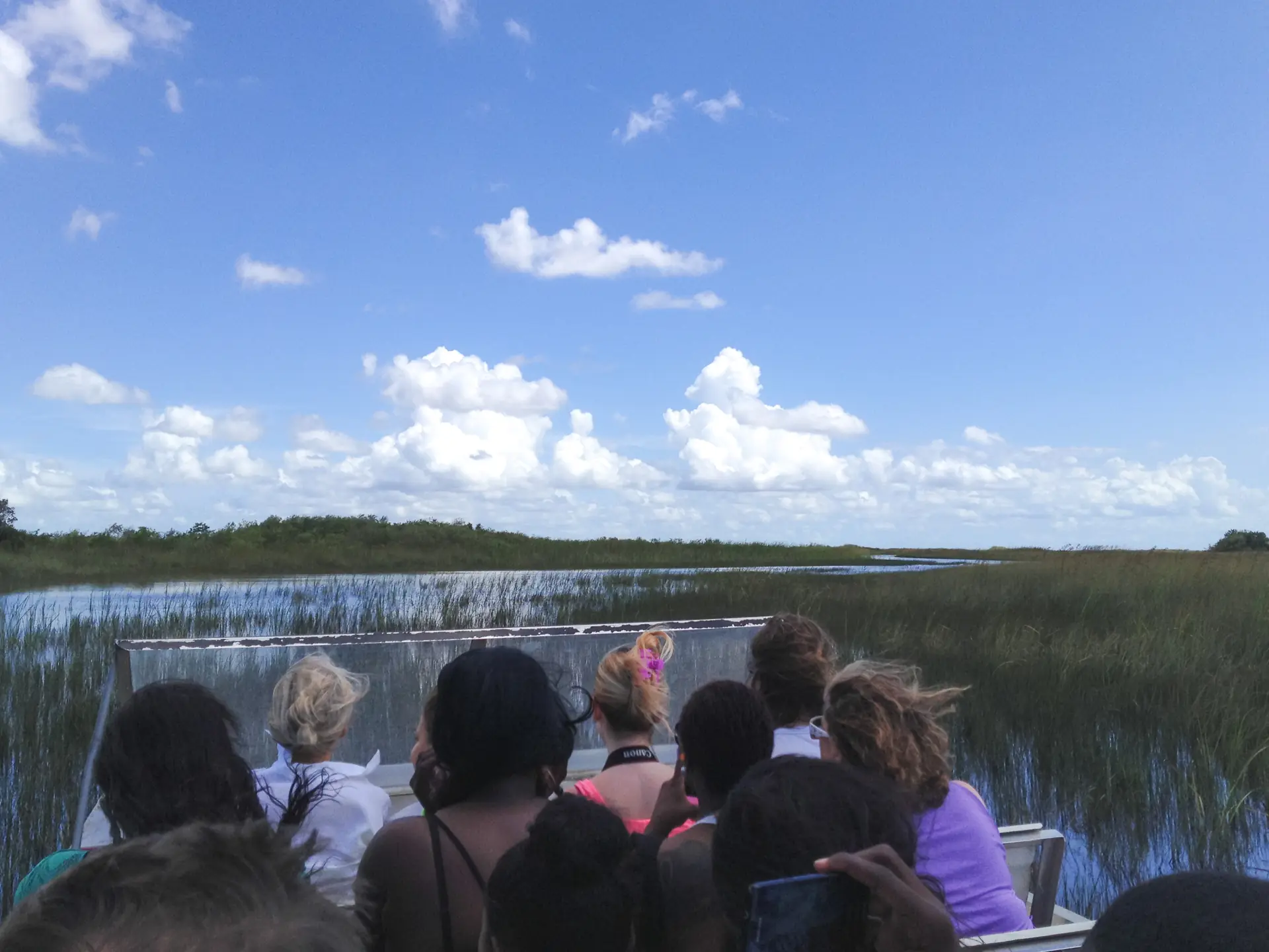 View forward from an airboat crossing open sawgrass marsh in Everglades National Park