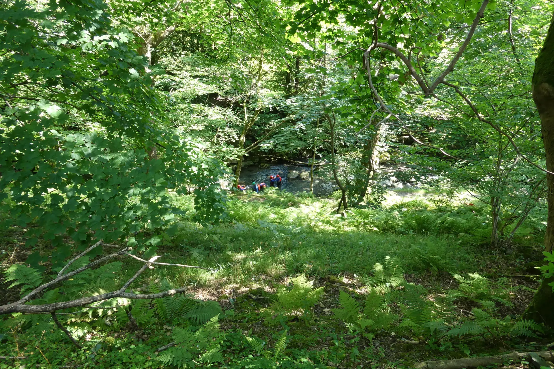 Eine Gruppe im Neopren klettert den Church Beck bei Coniston hinauf