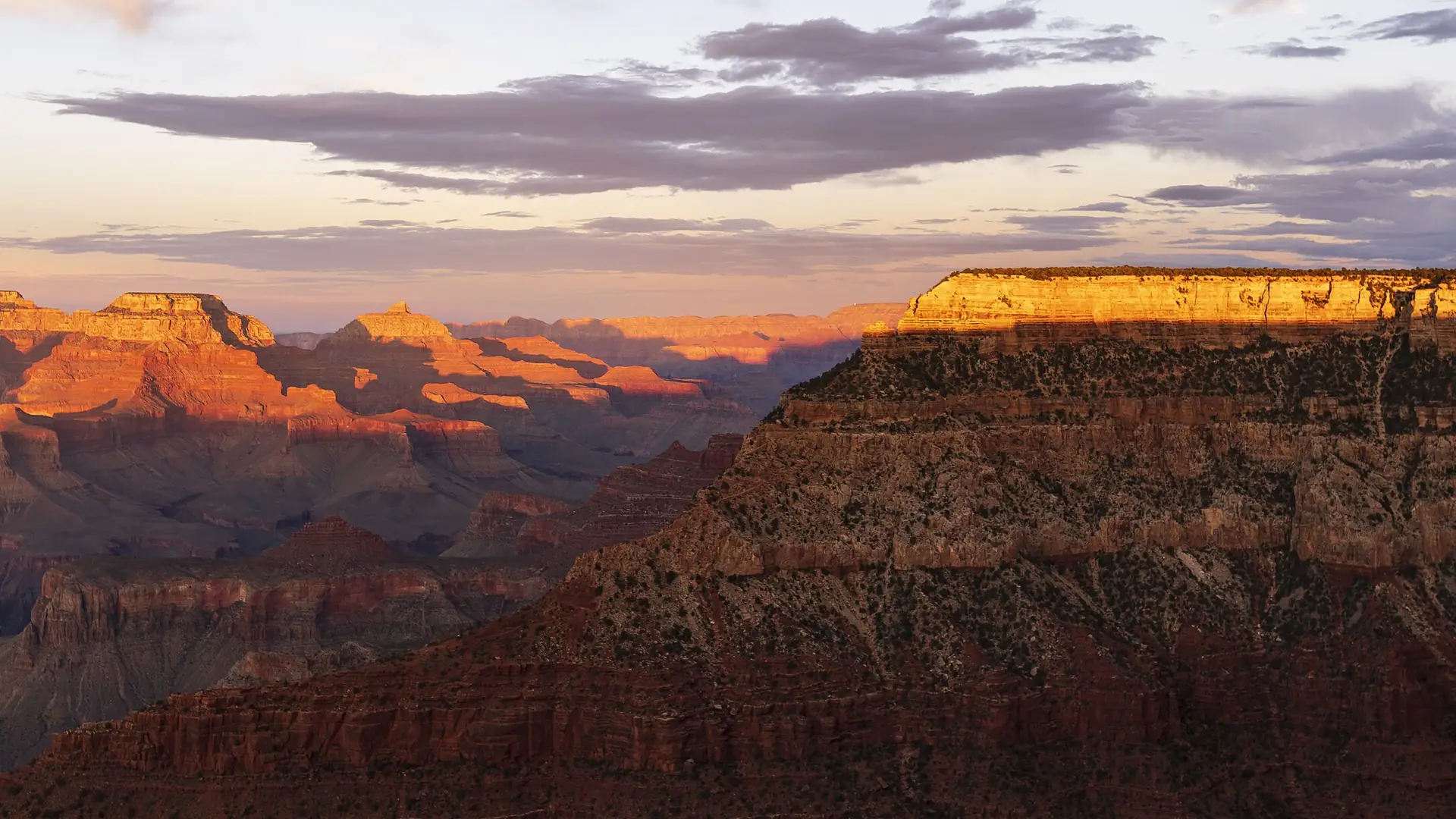Der Grand Canyon vom South Rim bei Sonnenuntergang, Felstürme und Seitenschluchten in Orange und Schatten