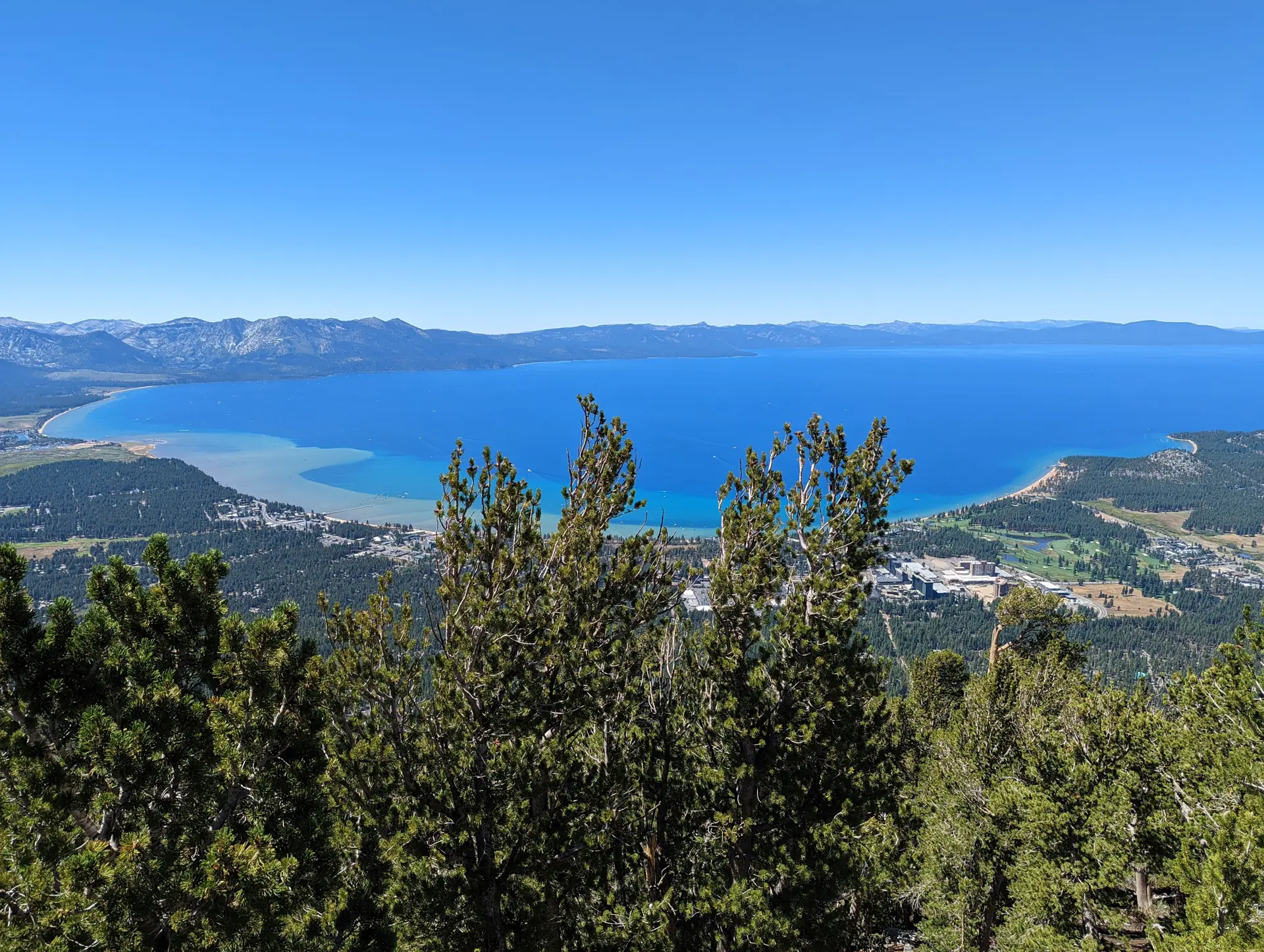 Lake Tahoe from the Heavenly observation deck, deep blue between pines and mountains