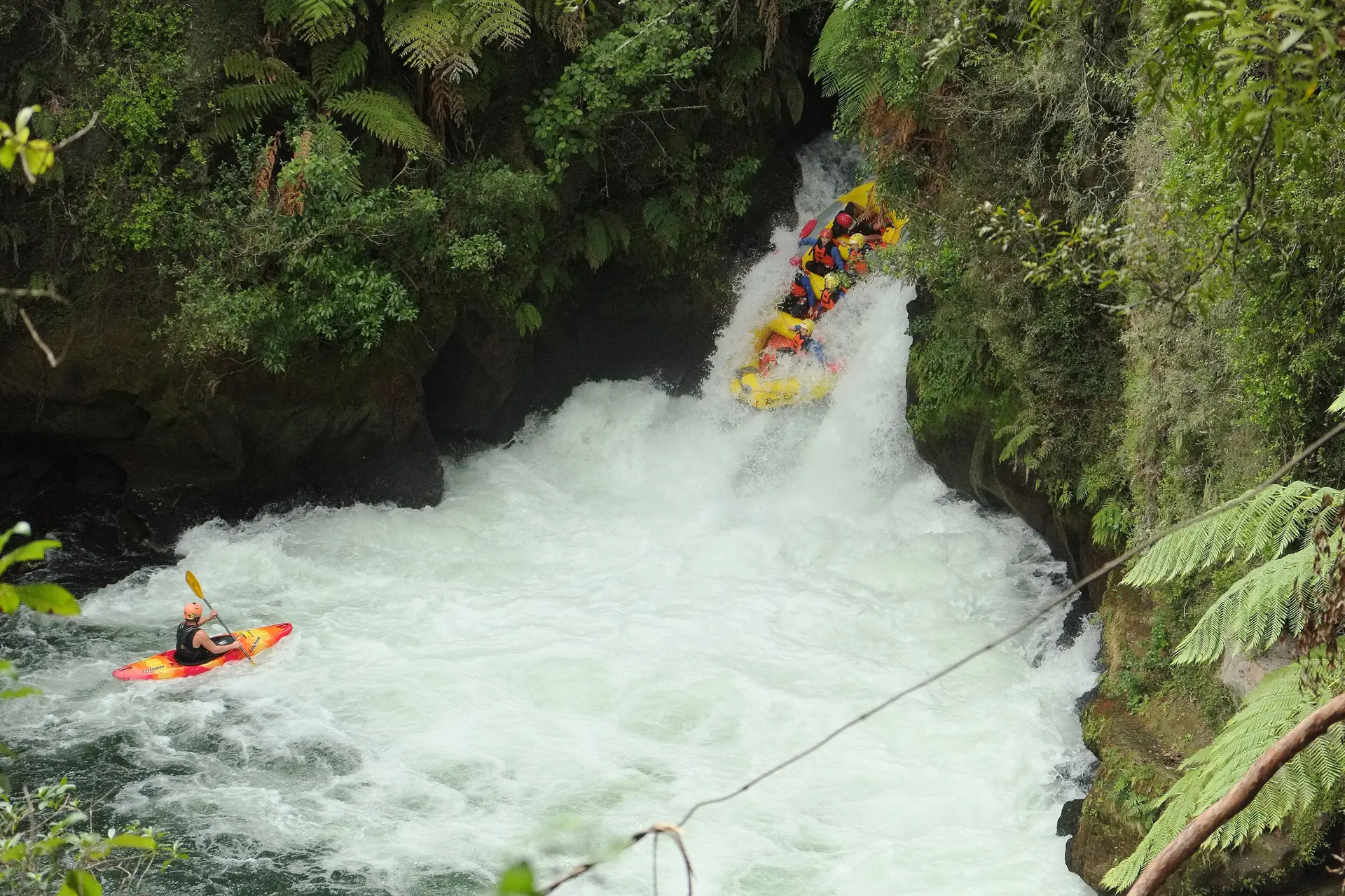 A raft dropping over Tutea Falls on the Kaituna river