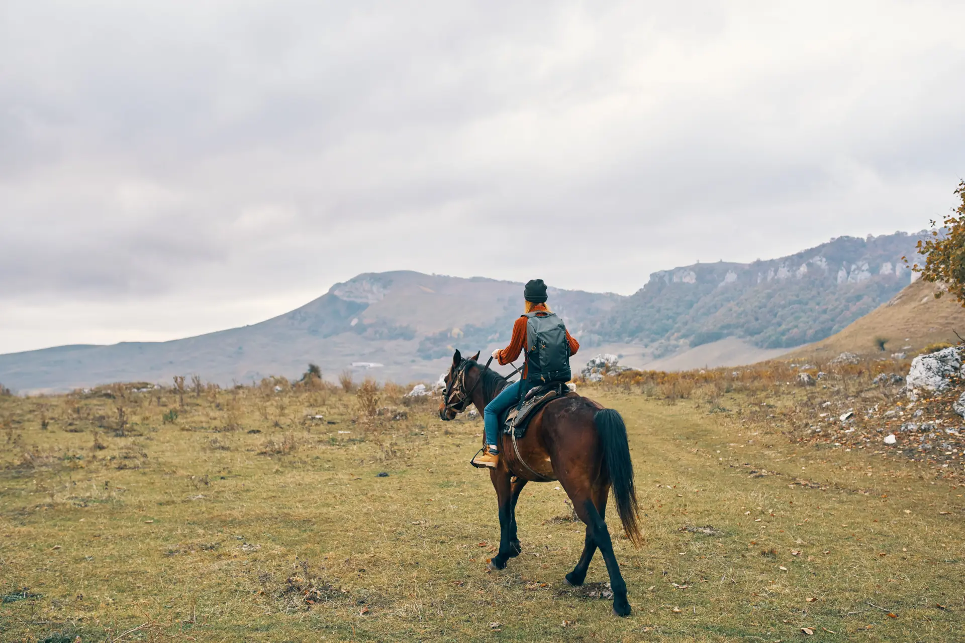 A rider on horseback crossing dry, hilly scrubland under a mountain ridge (symbolic image, not the Hollywood Hills)