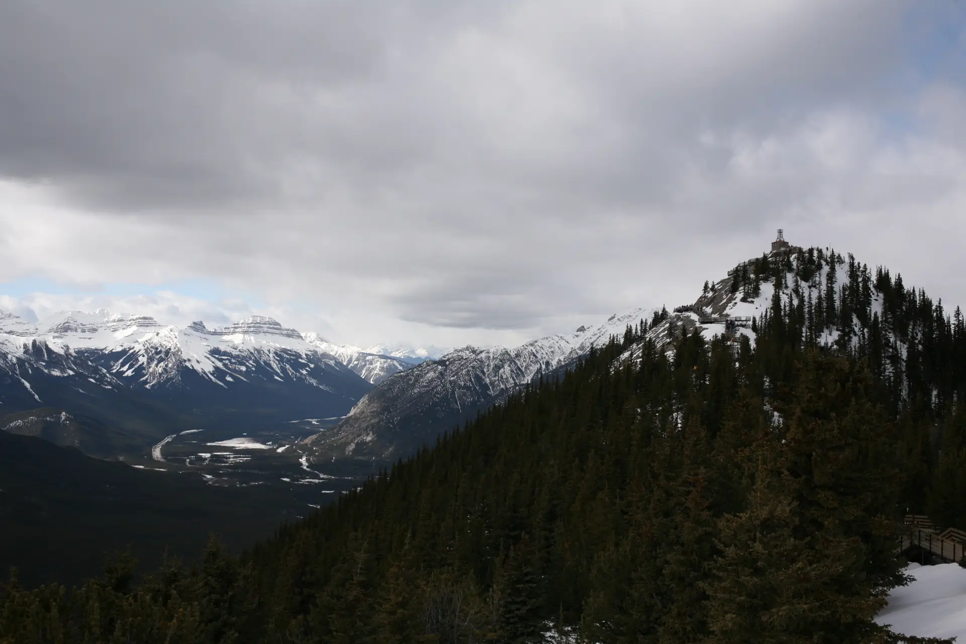 The summit ridge of Sulphur Mountain with the boardwalk towards Sanson's Peak and the Bow Valley below