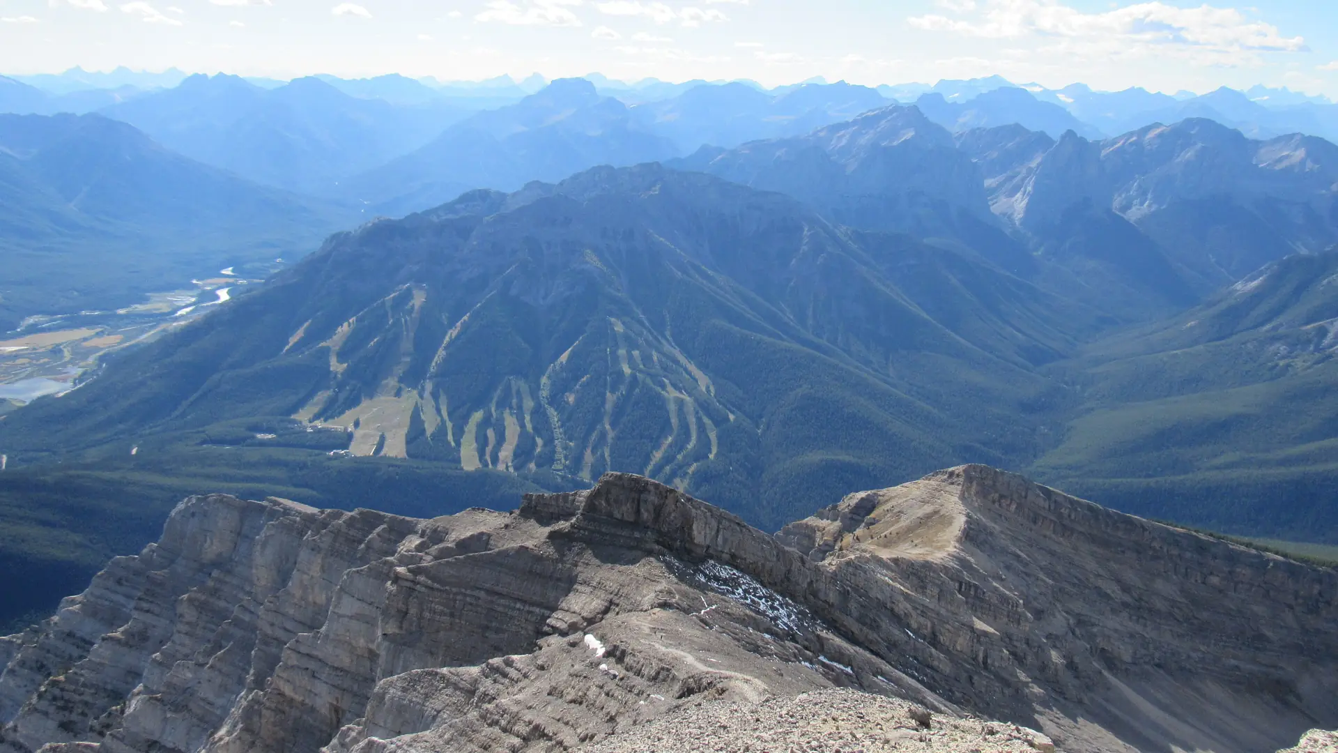 The limestone ridge of Mount Norquay above Banff with the Bow Valley and the Rockies stretching away
