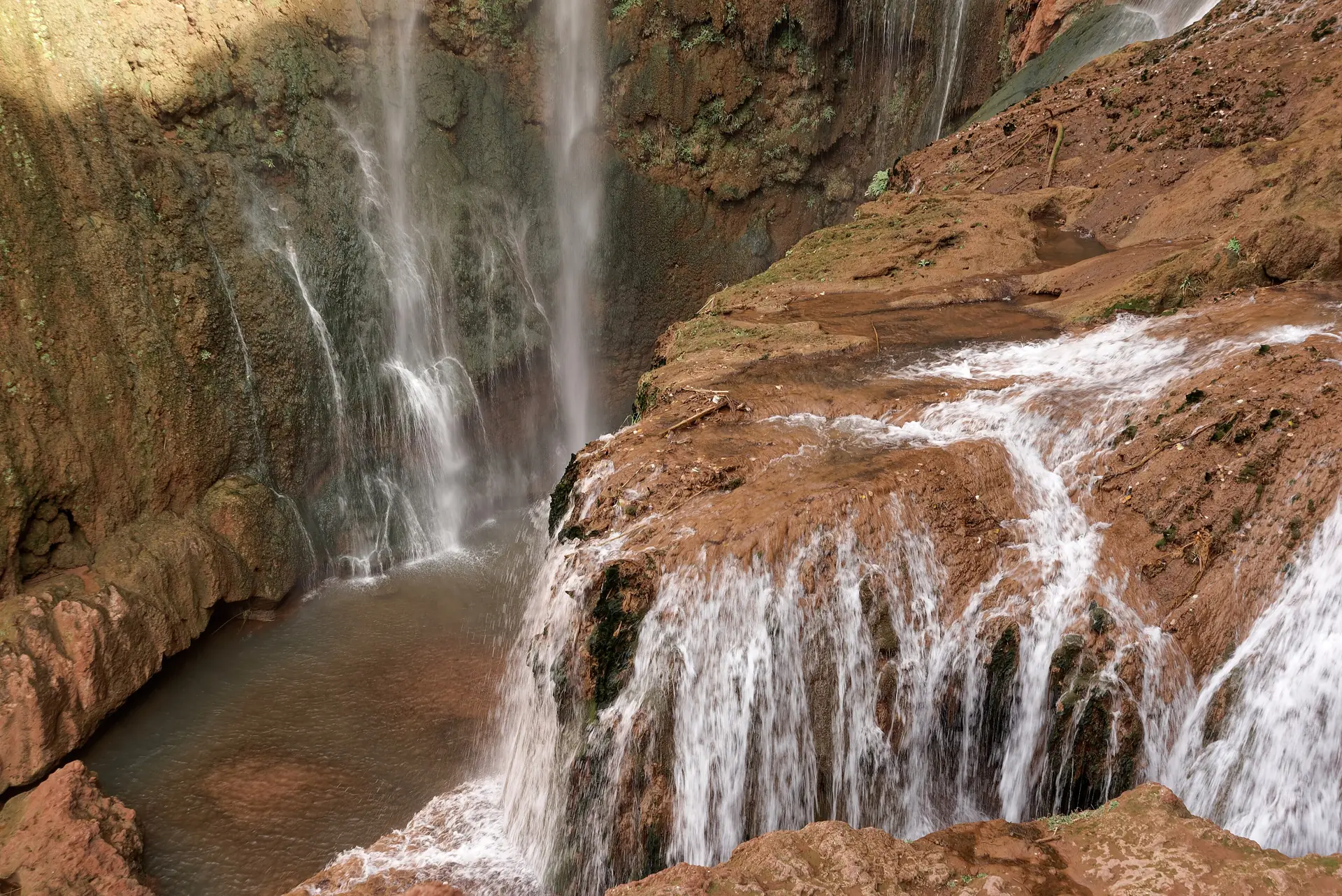 The Ouzoud waterfalls dropping in stages into the El-Abid gorge