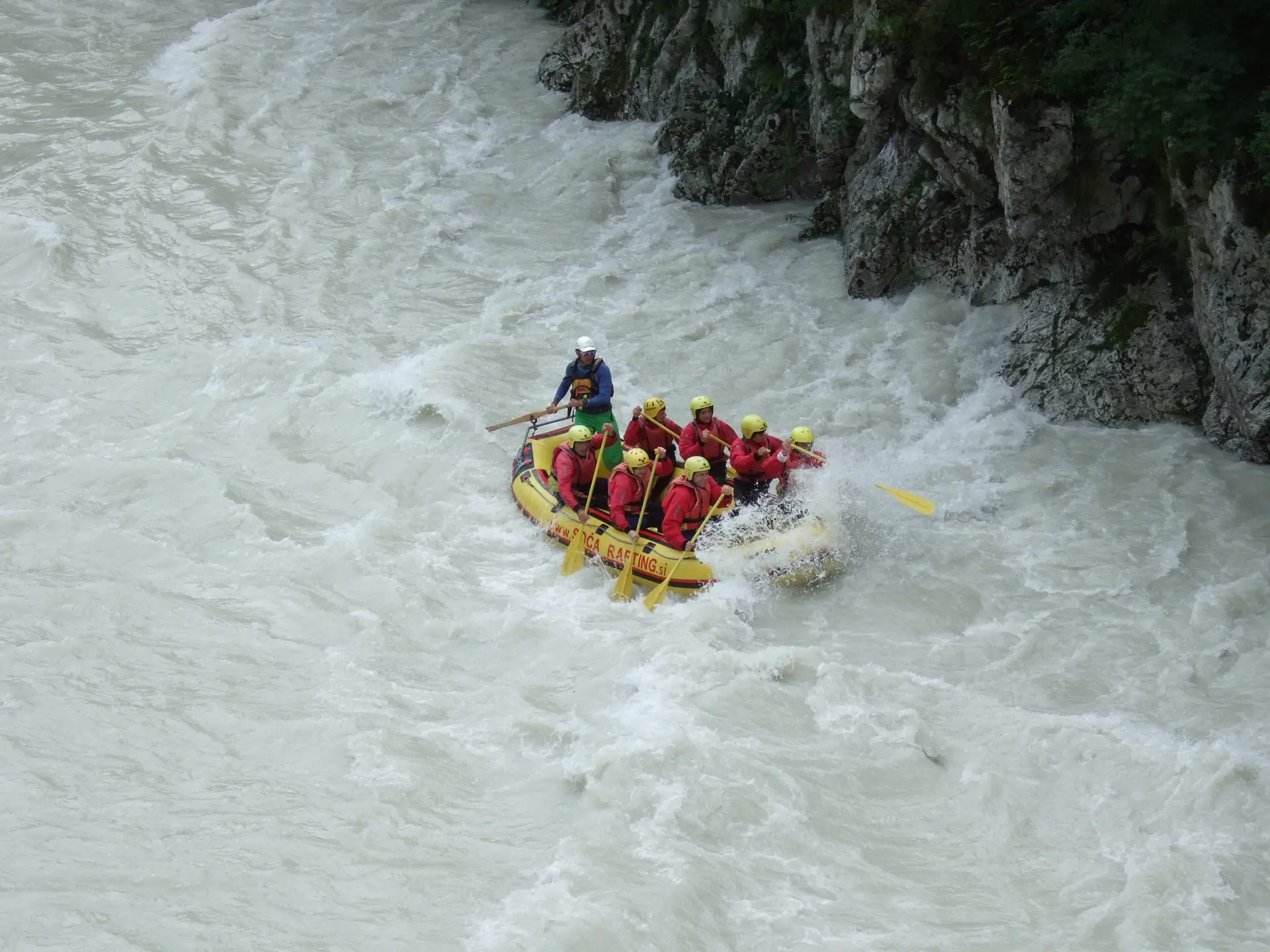A raft in the rapids of the Soča river