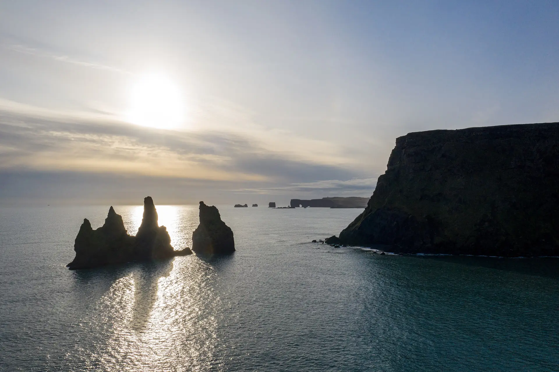 The Reynisdrangar basalt sea stacks off the black beach at Vík in southern Iceland