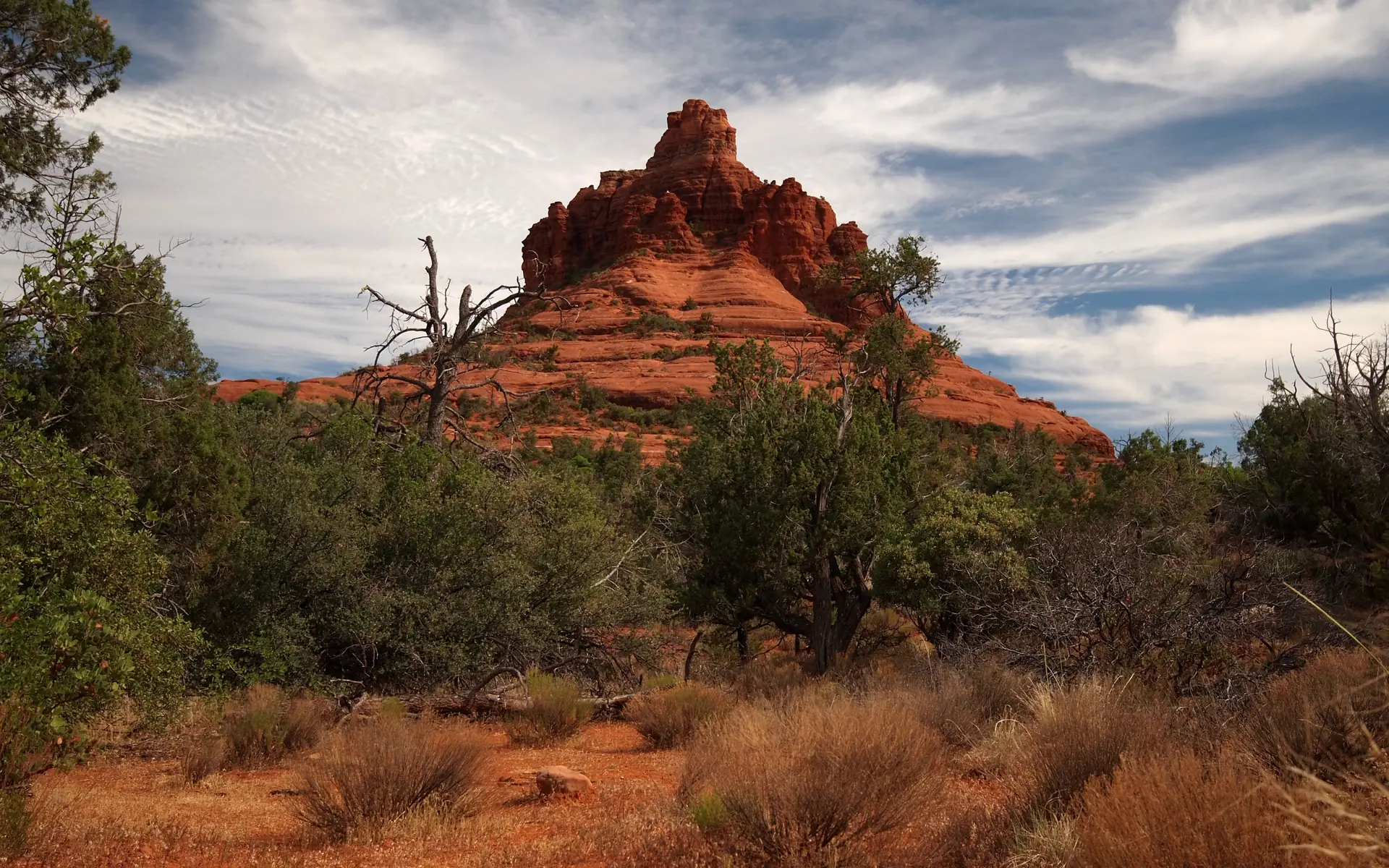Bell Rock erhebt sich über den Wacholderflächen südlich von Sedona unter klarem Himmel