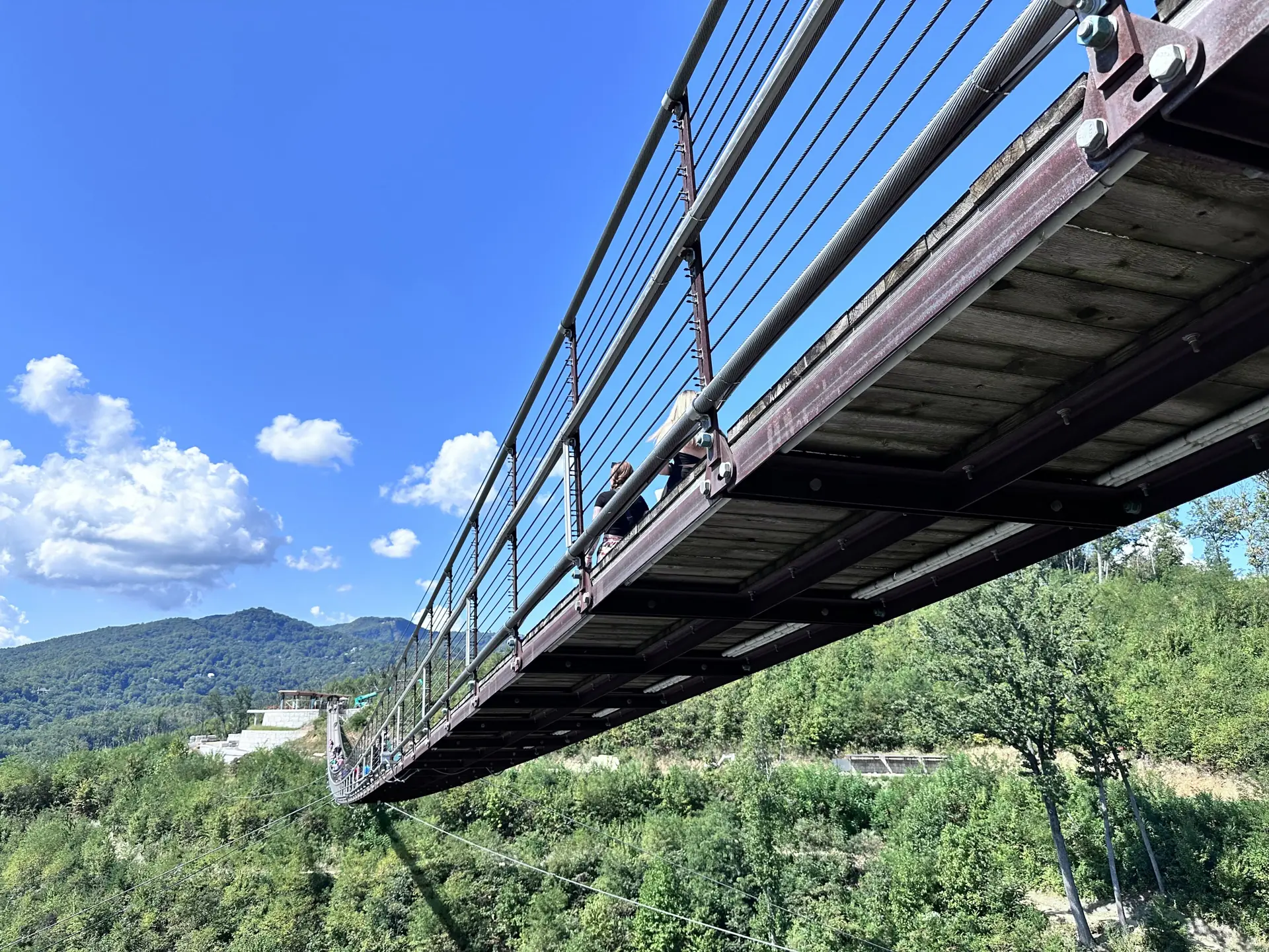 The Gatlinburg SkyBridge suspension bridge seen from below against forested mountains