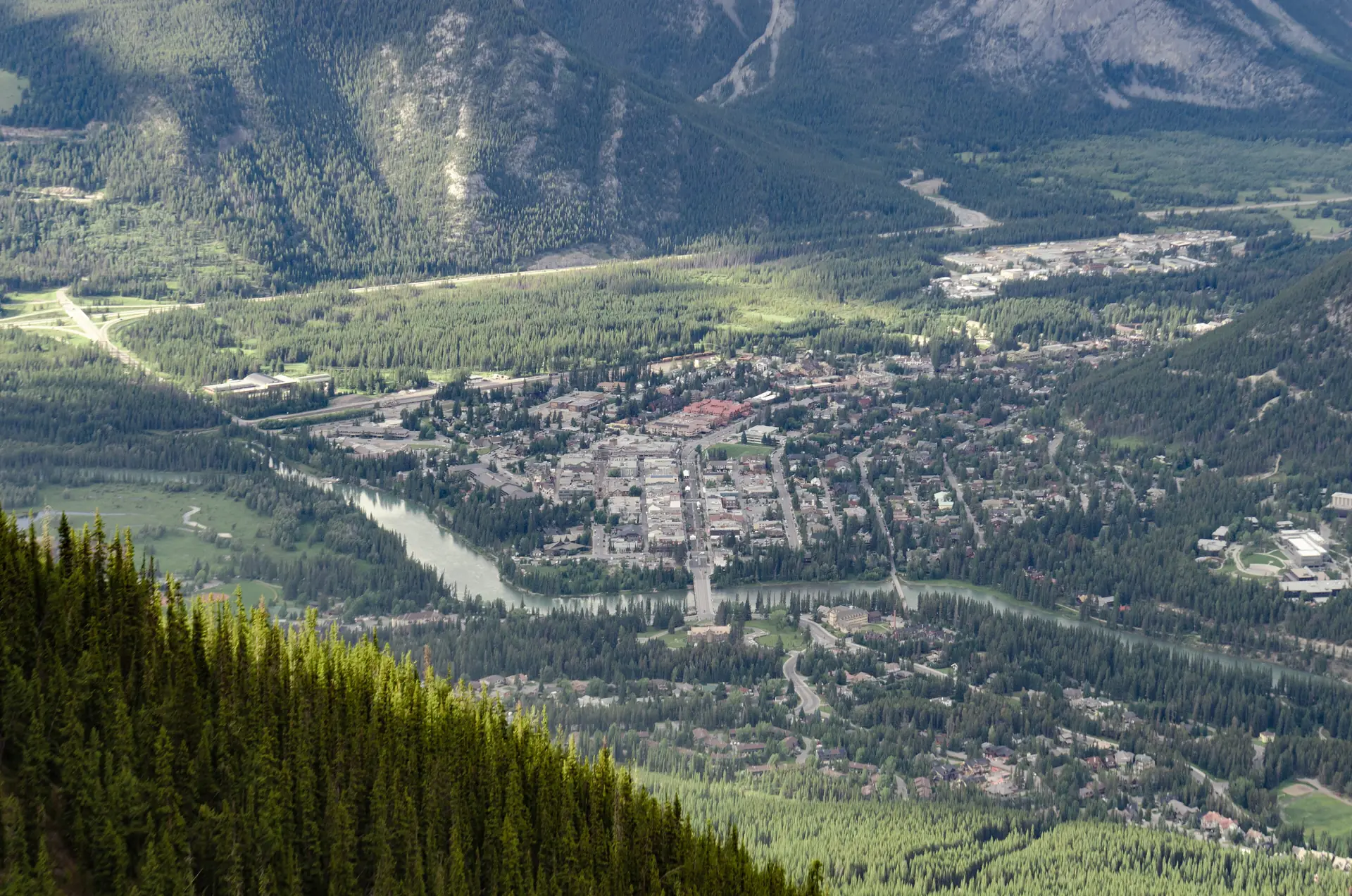 The town of Banff in the Bow River valley seen from the summit of Sulphur Mountain