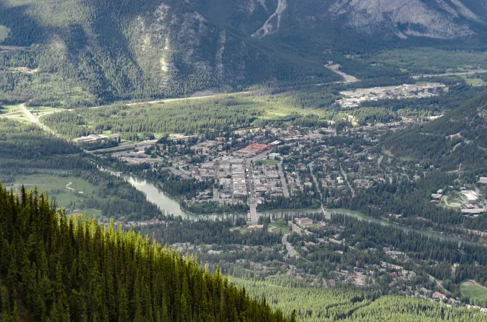 The town of Banff in the Bow River valley seen from the summit of Sulphur Mountain