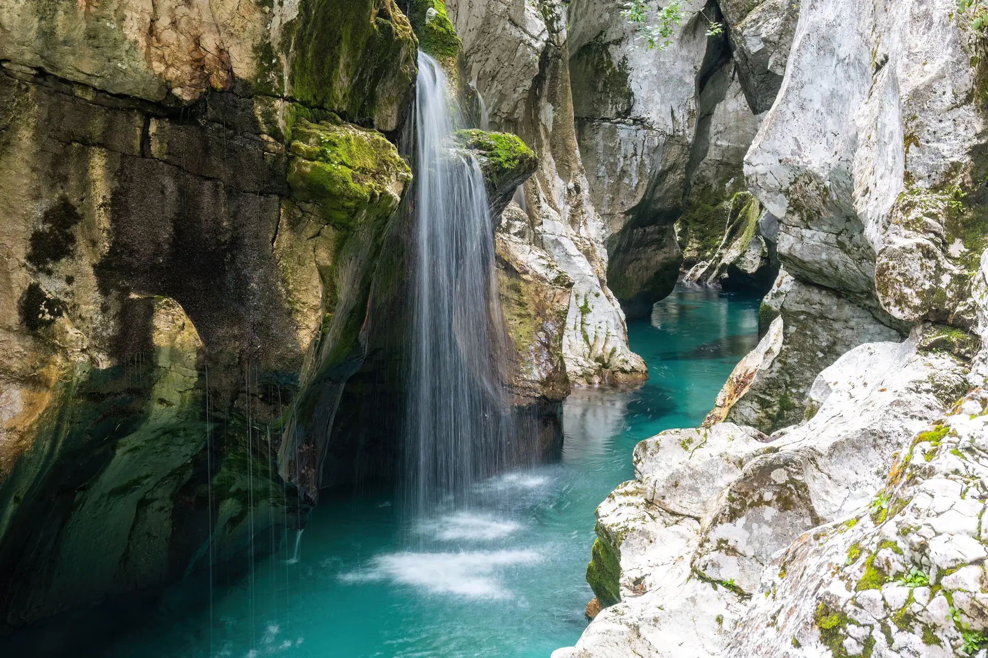 The Great Soča Gorge: emerald water in a narrow rock channel
